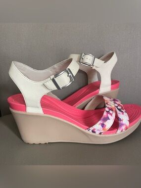 Crocs Beige and Pink Floral Wedge Sandals